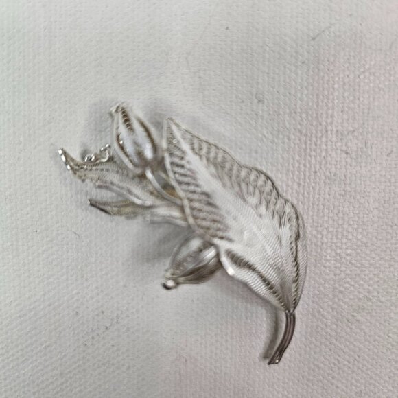 925 Silver Floral Filigree Brooch Tulip Flowers Leaf Vintage Pin Hook C Closure - Picture 6 of 9